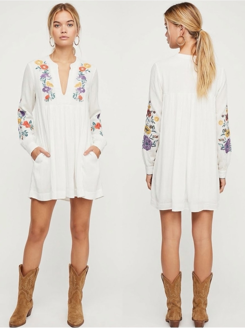 Free People Mia Gauze Embroidered Boho Mini Dress White Floral Pockets Small